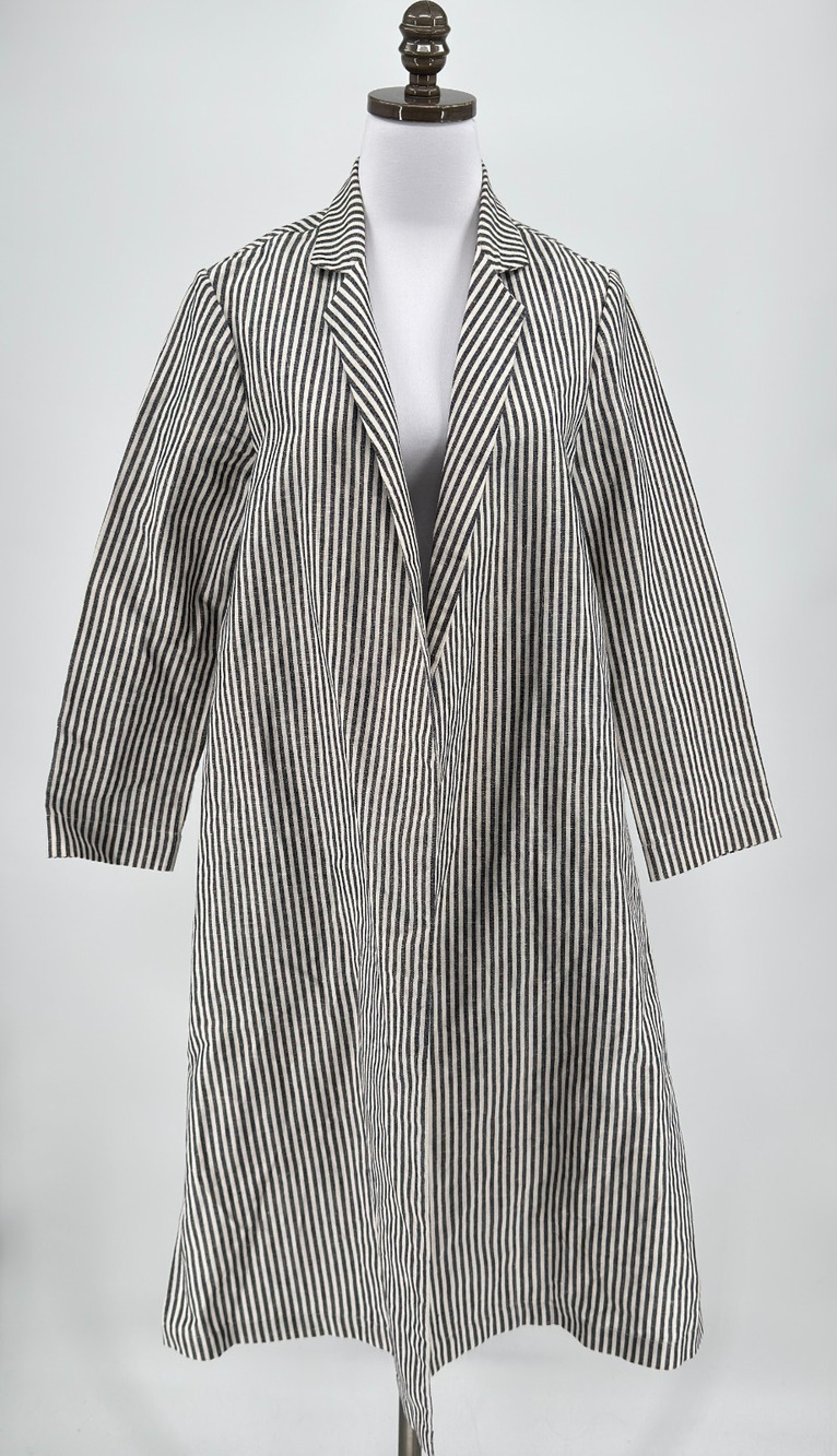 Ali Golden Black White Striped Linen Blend Longline Open Front Notch Jacket Sz S